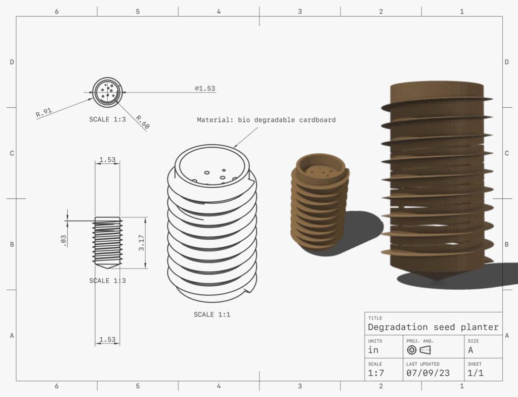 Detailed CAD drawing of a brown biodegradable planting product designed by EdinStudio