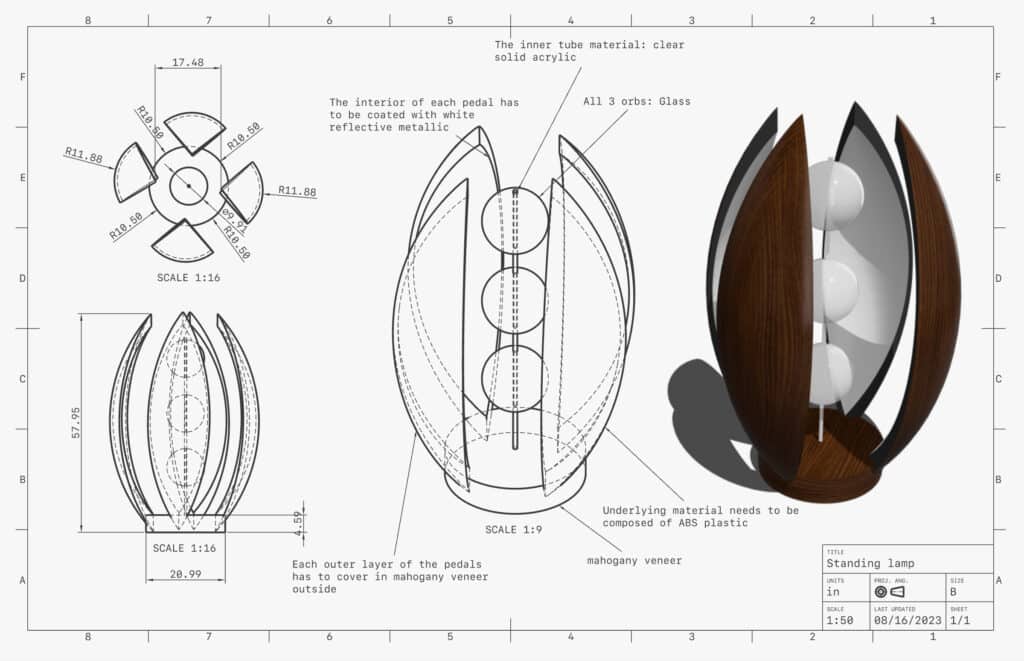 CAD Design Services; CAD drawing and 3D model of a standing lamp with glass orbs, clear acrylic tube, and mahogany veneer petals.