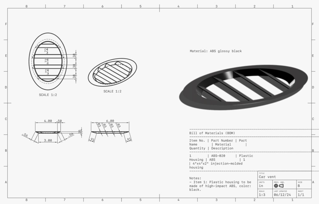 CAD Design & Drafting Services; CAD technical drawing of a car vent.