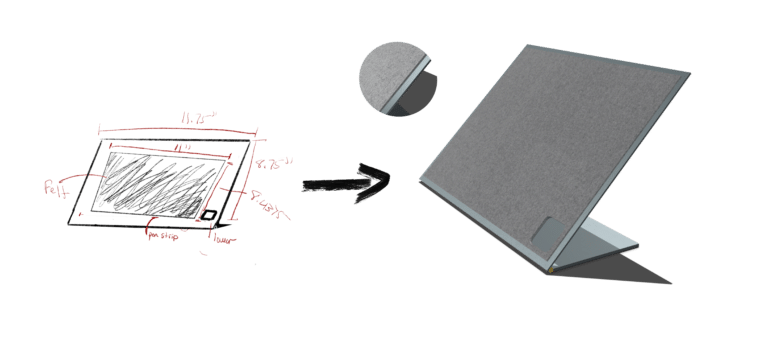 cad designer; A sketch and a finished CAD model of a custom design by Edin Studio, showing the transformation from concept to prototype.