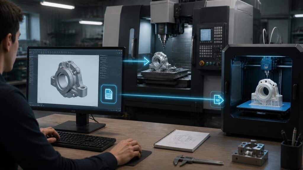 CAD model workflow showing export from CAD to manufacturing steps like CNC and 3D printing