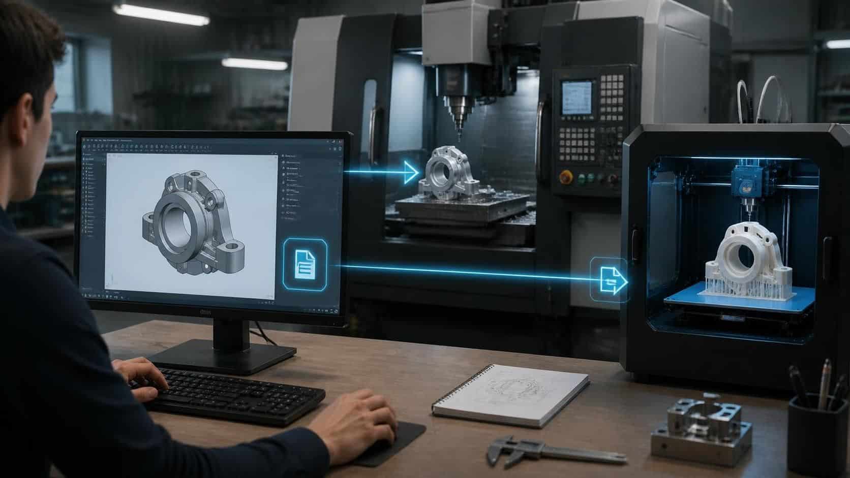 CAD model workflow showing export from CAD to manufacturing steps like CNC and 3D printing