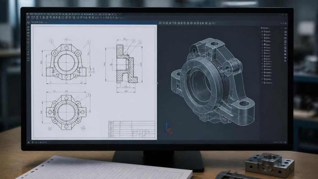 Designer using CAD for 2D and 3D modeling on a dual-screen workstation with technical drawings and a 3D model