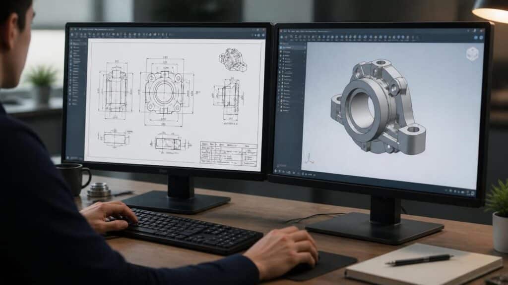 2D CAD technical drawing with labeled views and dimensions beside a 3D CAD model in perspective