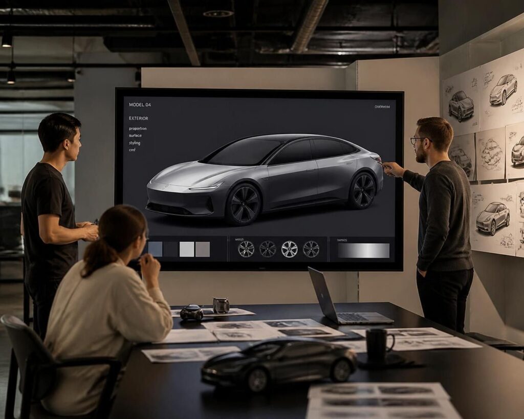 Designers reviewing a 3D product render in a modern studio