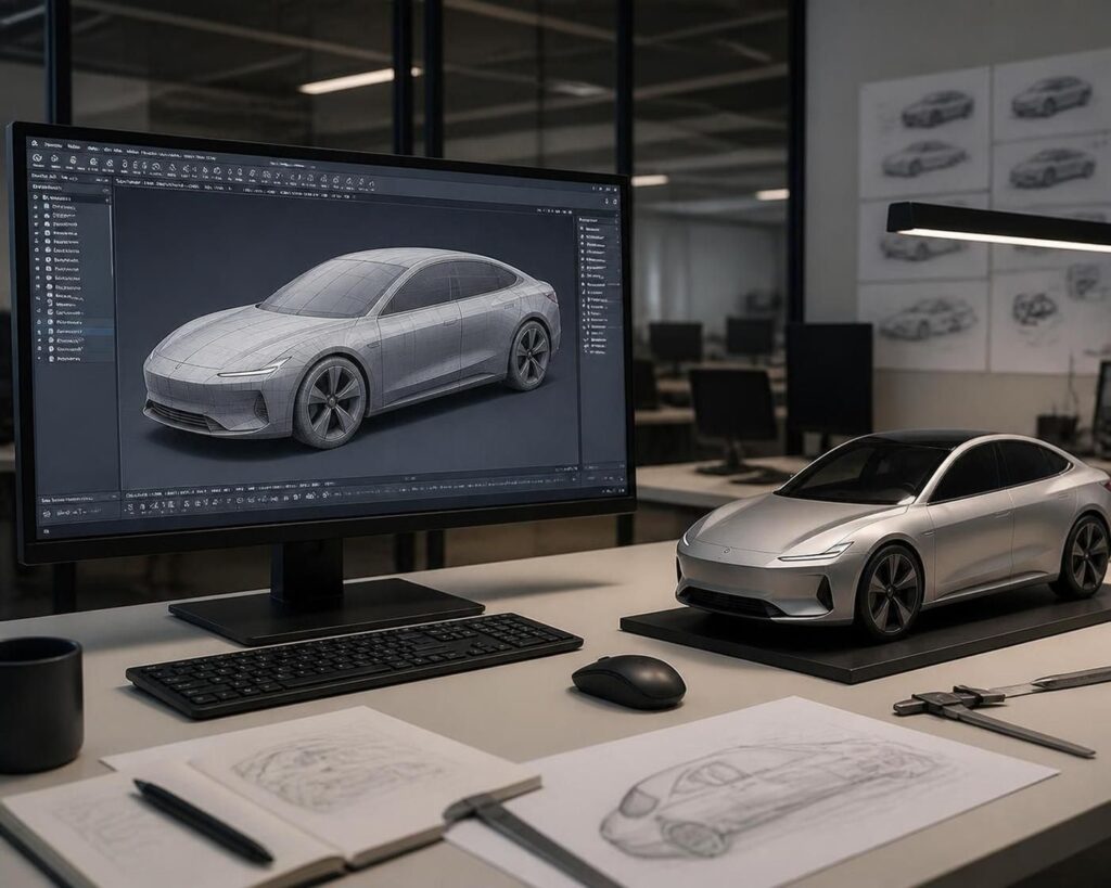 Custom CAD design model shown beside a prototype