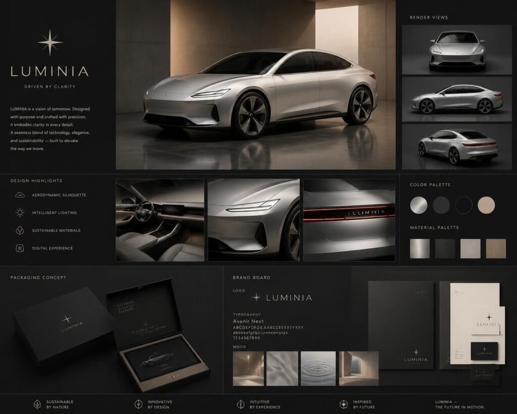 Product visualization presentation with renders and packaging concepts