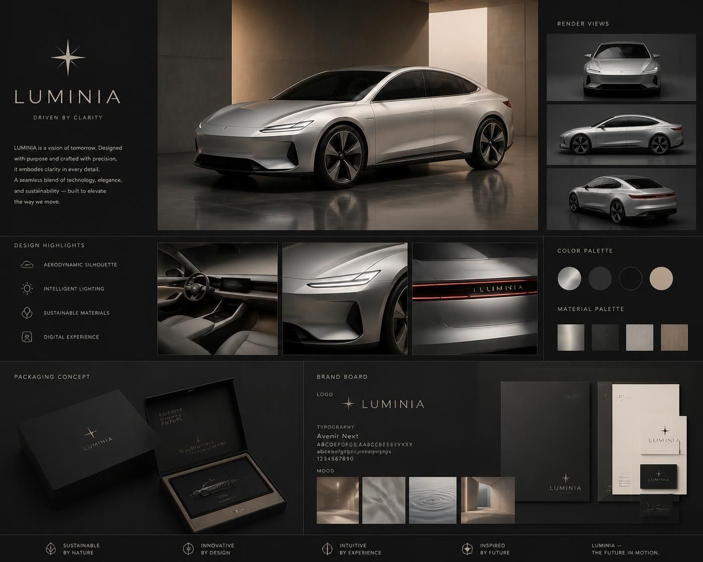 Product visualization presentation with renders and packaging concepts