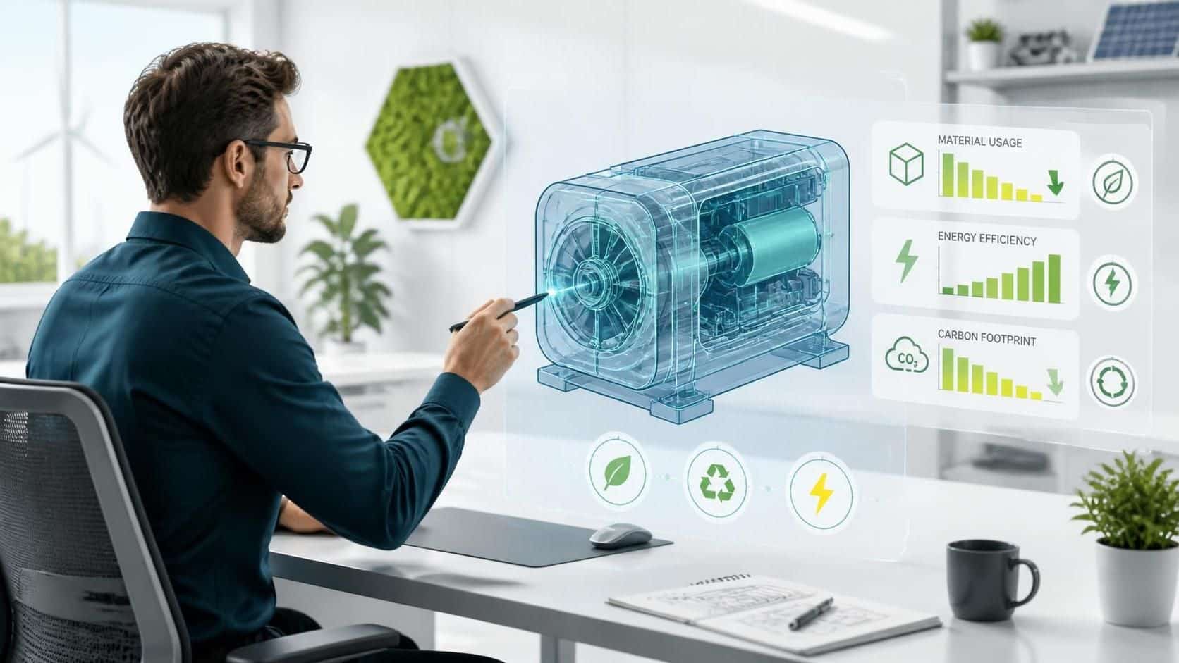 Engineer using 3D CAD to review a sustainable product model