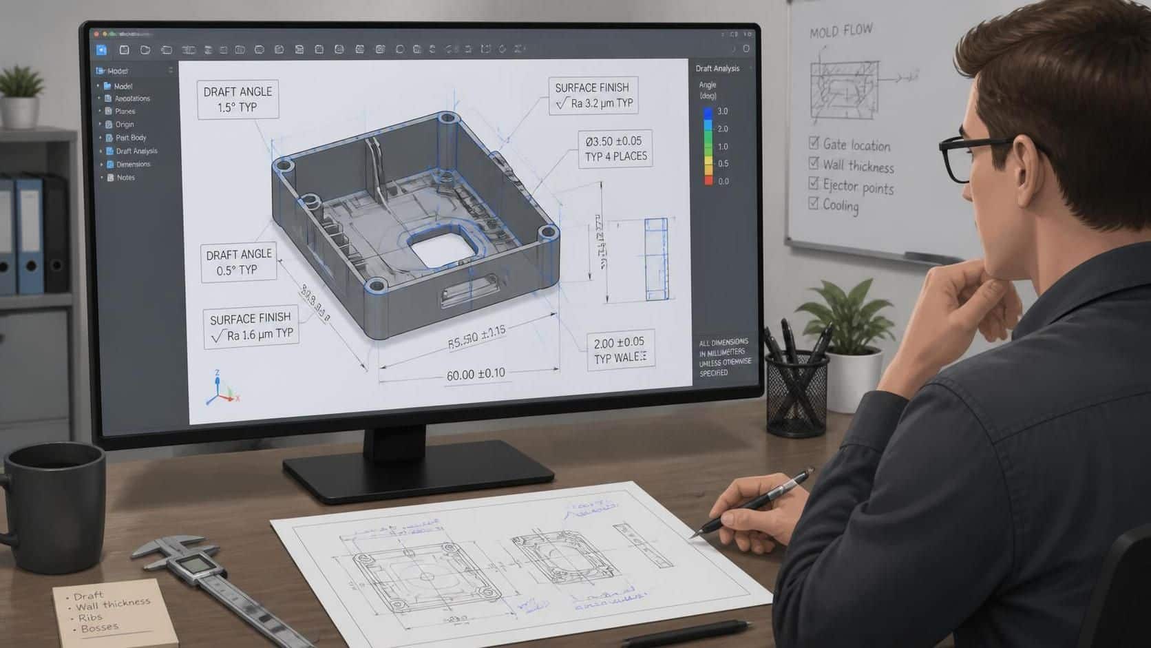 Engineer reviewing an injection molded part CAD drawing with tolerances and draft angles