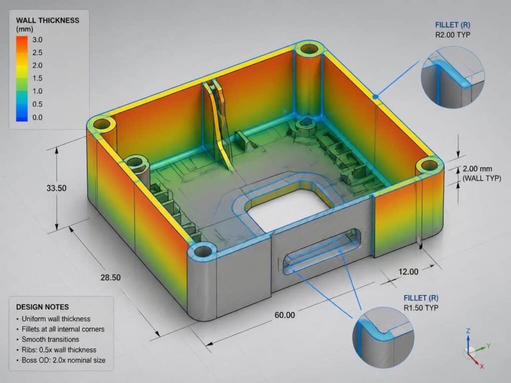 CAD view showing wall thickness uniformity and fillets for injection molded plastic parts