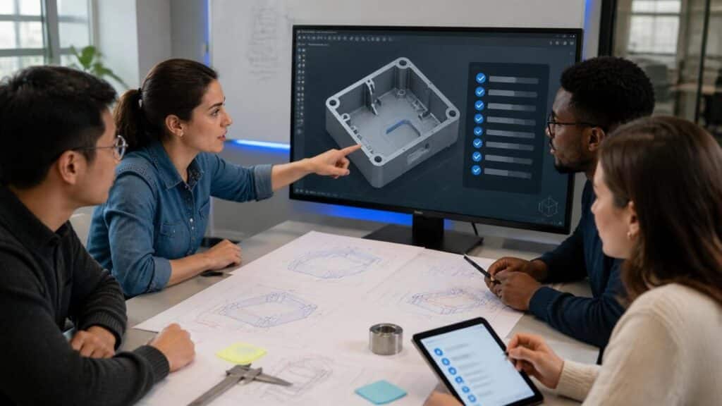 Team collaboration reviewing a CAD model and drawing checklist for prototype readiness