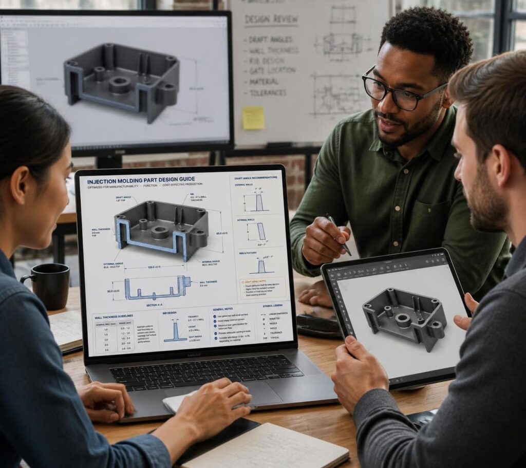 Product design team collaborating on CAD drawings.