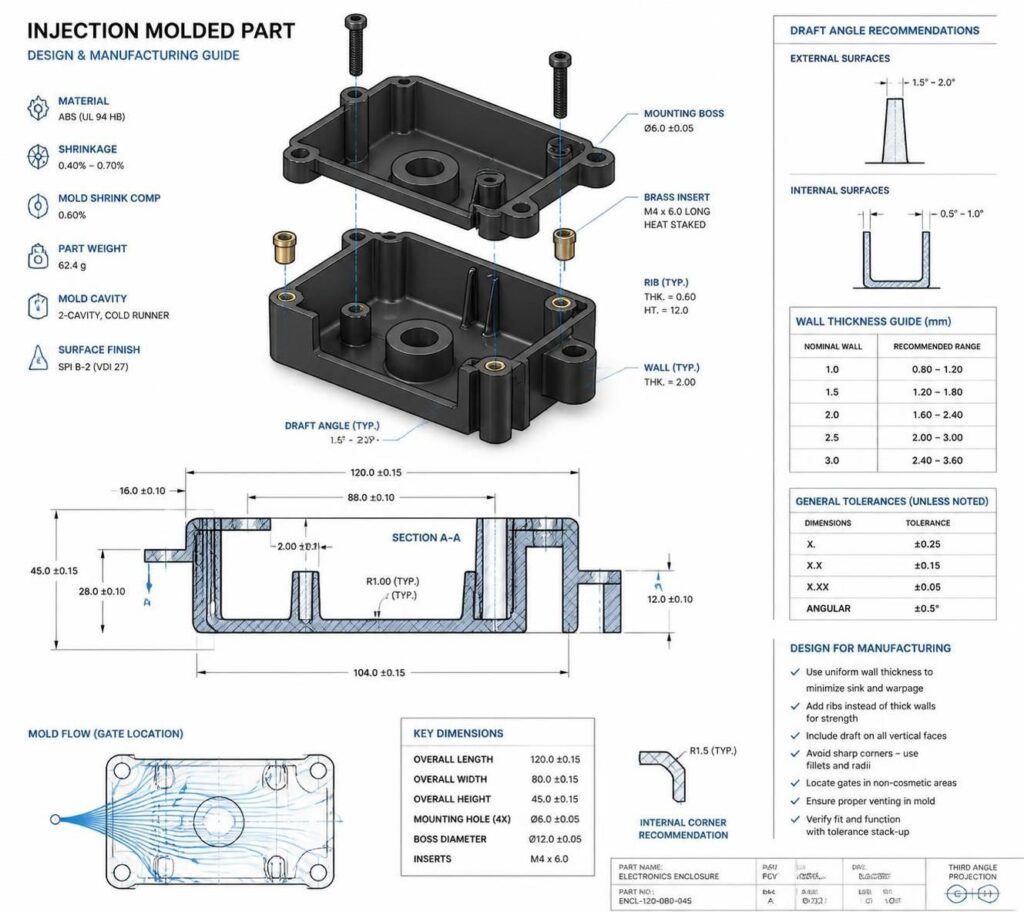 Technical injection molding diagram with a plastic part cross-section, draft angles, wall thickness callouts, and precision manufacturing style.