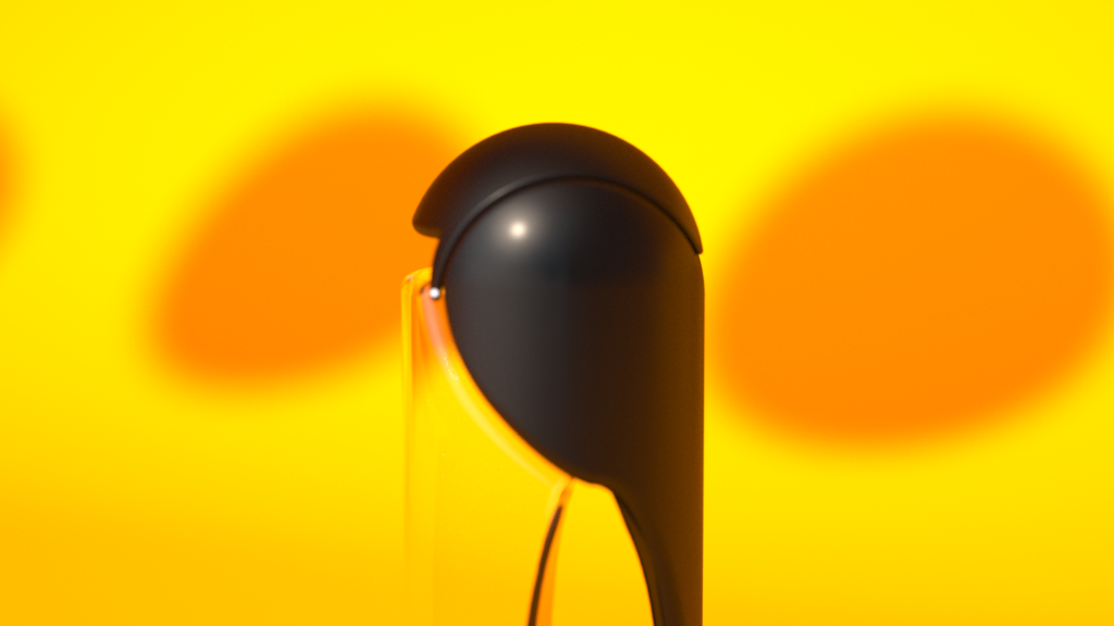 Alt Text: “3D model of a sleek cylindrical product with ergonomic design and glossy black finish, set against a yellow background, created for 3D modeling in Central Islip, NY.