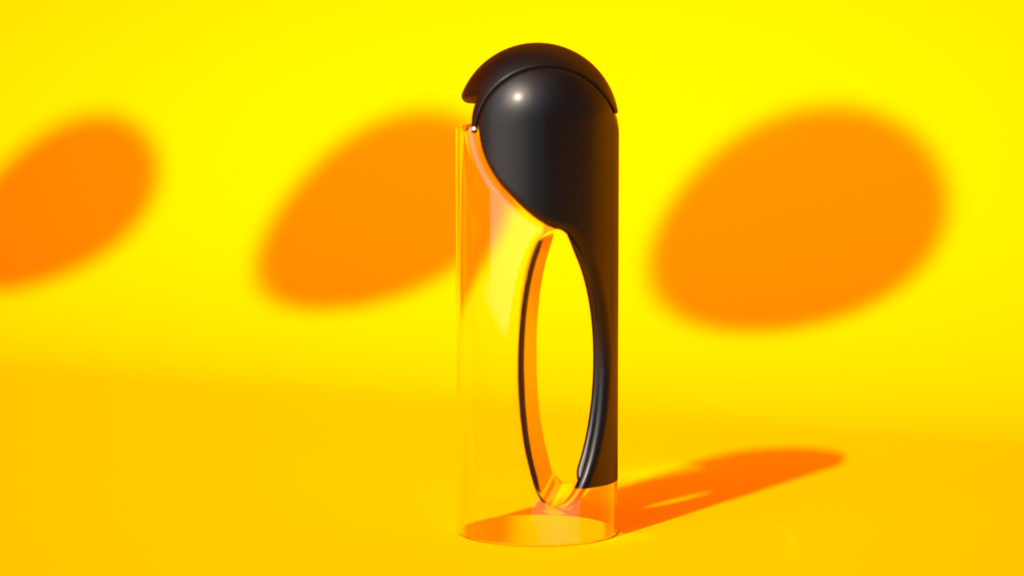 3D rendering of a modern cylindrical product with ergonomic design and glossy black finish, set on a yellow backdrop, designed for 3D printed prototyping in Central Islip, NY.