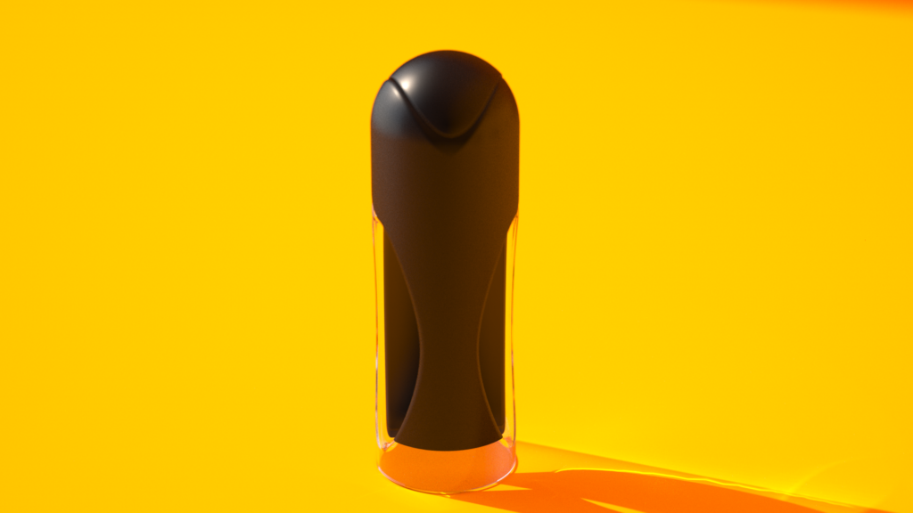 3D rendering of a sleek, modern cylindrical product with glossy black finish and ergonomic curves, set against a vibrant yellow background. Created for product prototyping in Medford, NY.