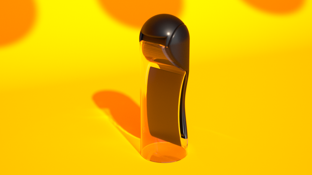 3D rendering of a sleek, modern cylindrical product with a glossy black finish, set against a vibrant yellow background. The product has an ergonomic design with smooth curves and a reflective surface that casts a shadow. product rendering services central islip