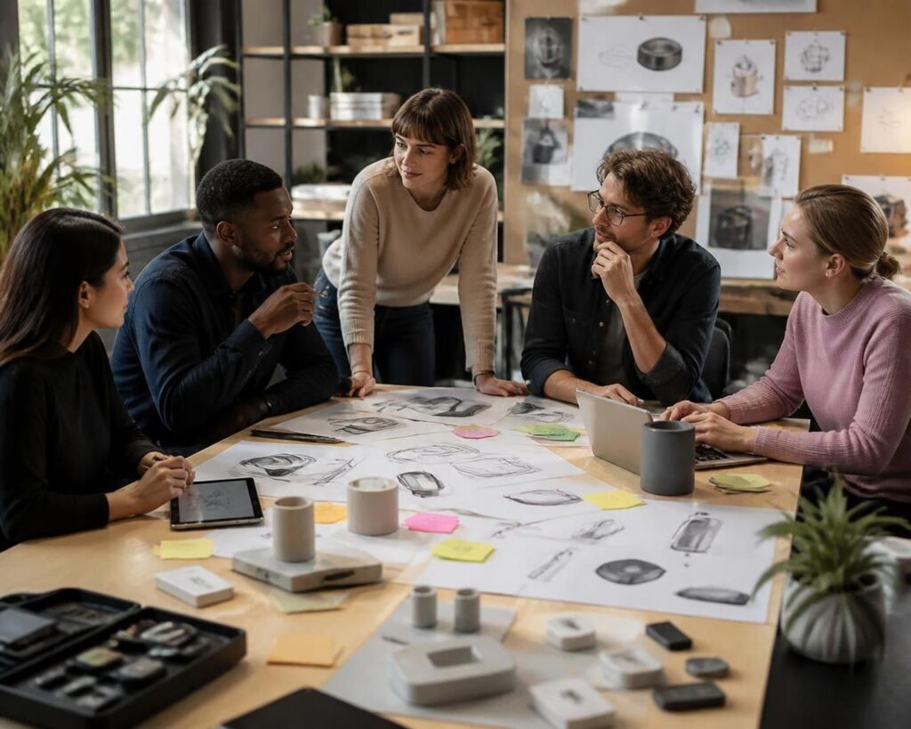 Designers brainstorming ideas during conceptual design services