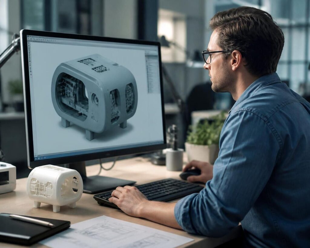 Virtual vs physical prototyping shown with a CAD model and 3D-printed product