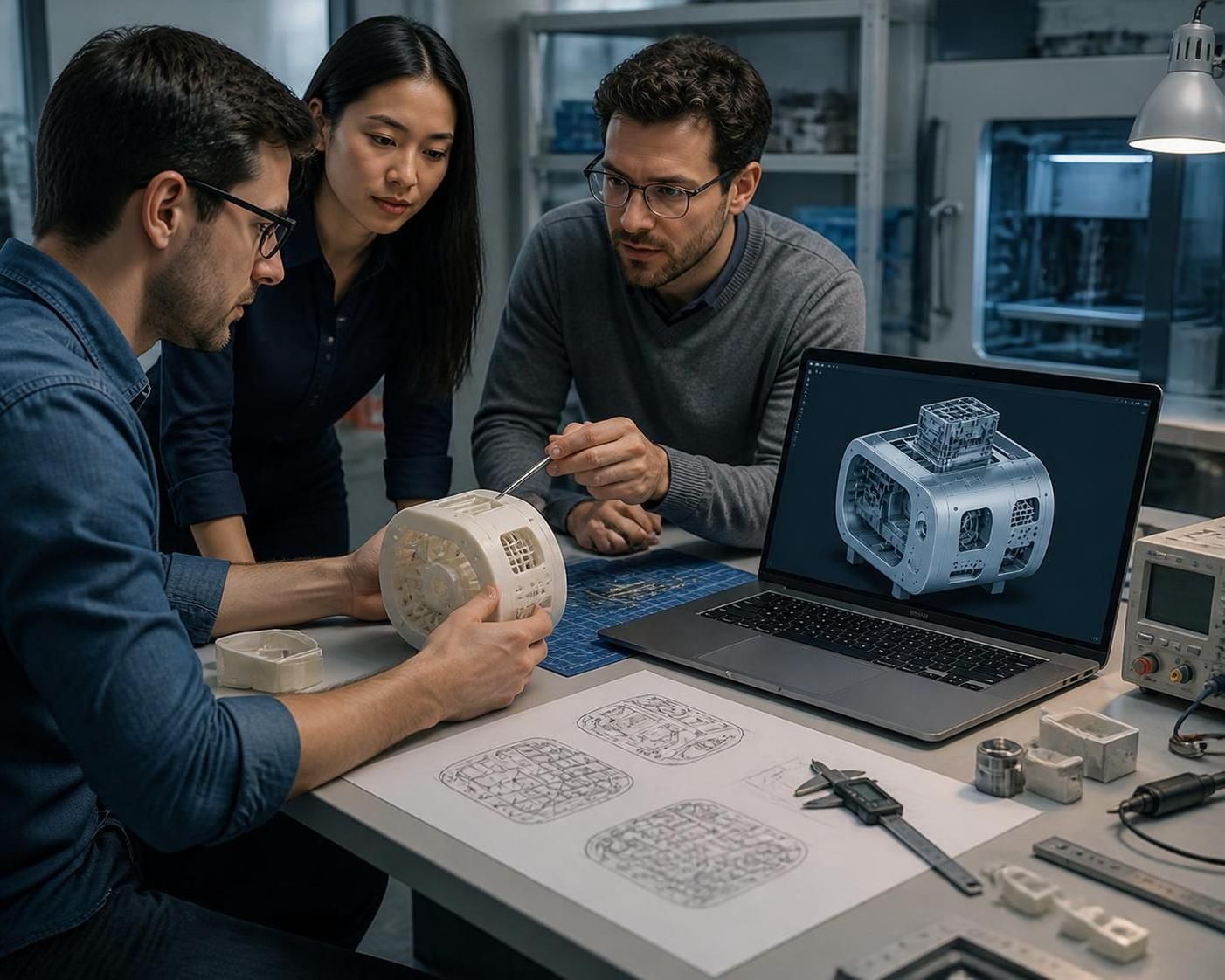 Product team using virtual vs physical prototyping to test a consumer device