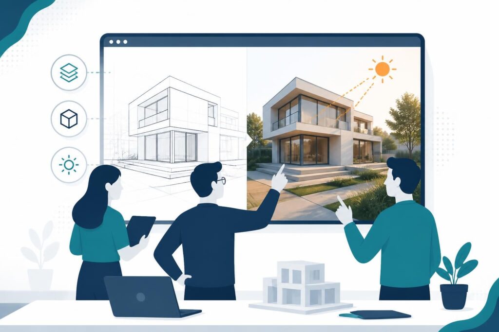 Architecture team comparing a 3D building model with realistic rendering and lighting