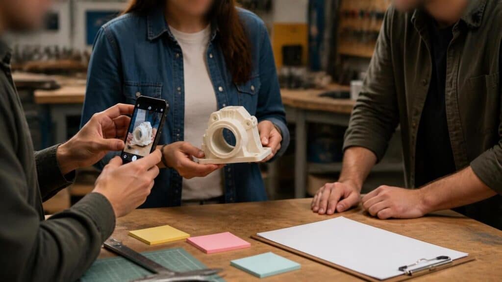 Team reviewing a 3D printed prototype in a workshop with notes and a smartphone for photos