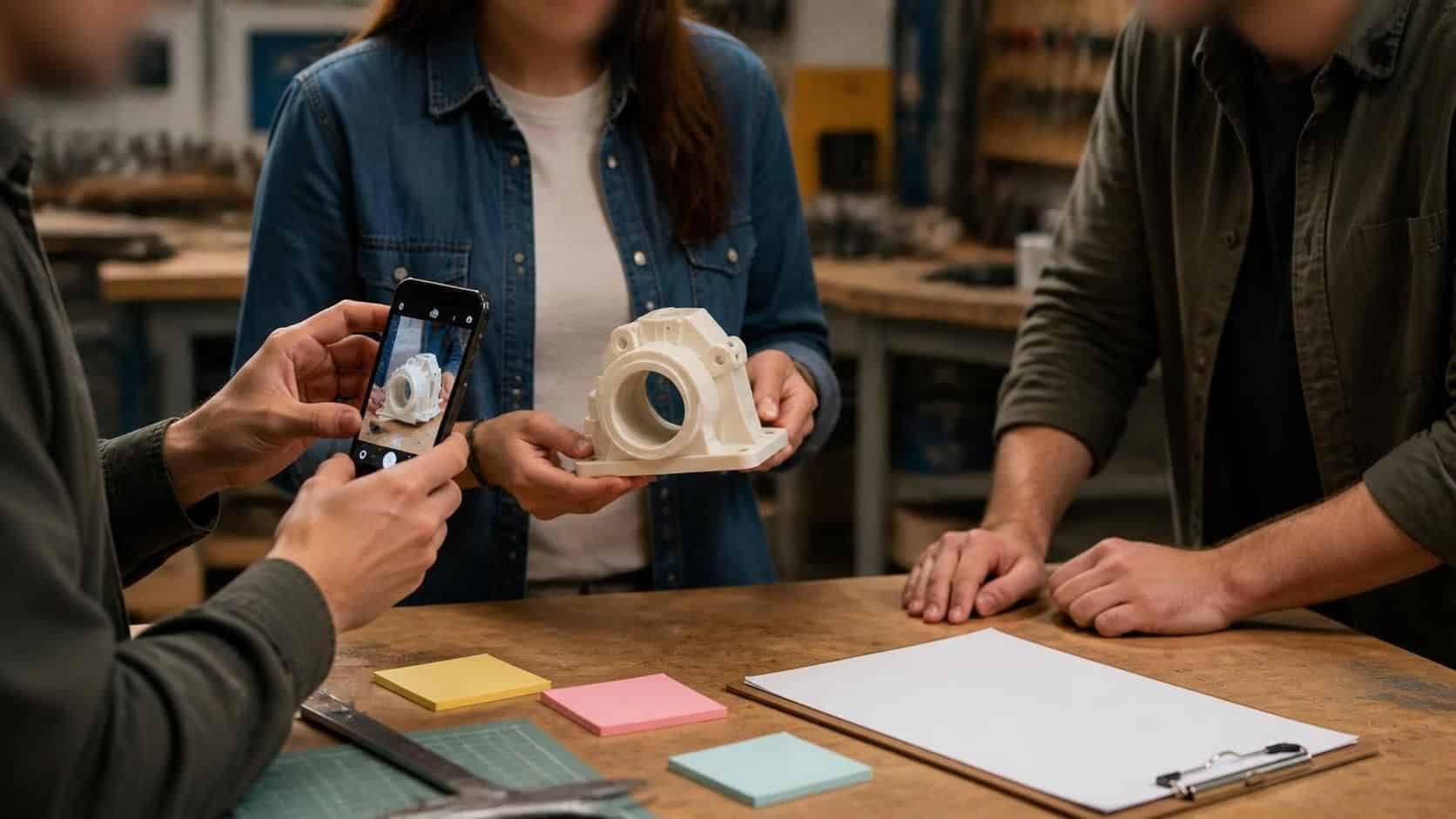 Team reviewing a 3D printed prototype in a workshop with notes and a smartphone for photos