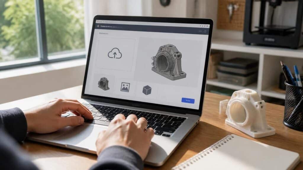 Student using a laptop to upload a 3D CAD model to budget-friendly rapid prototyping services