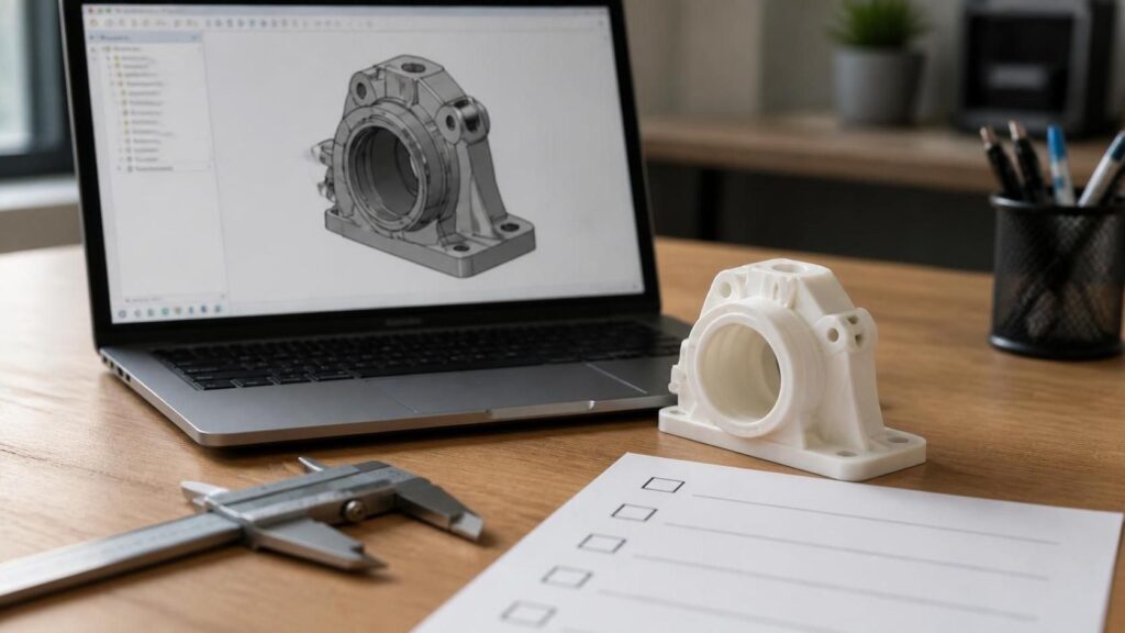 Printed prototype part next to a CAD model on a desk for comparison and iteration