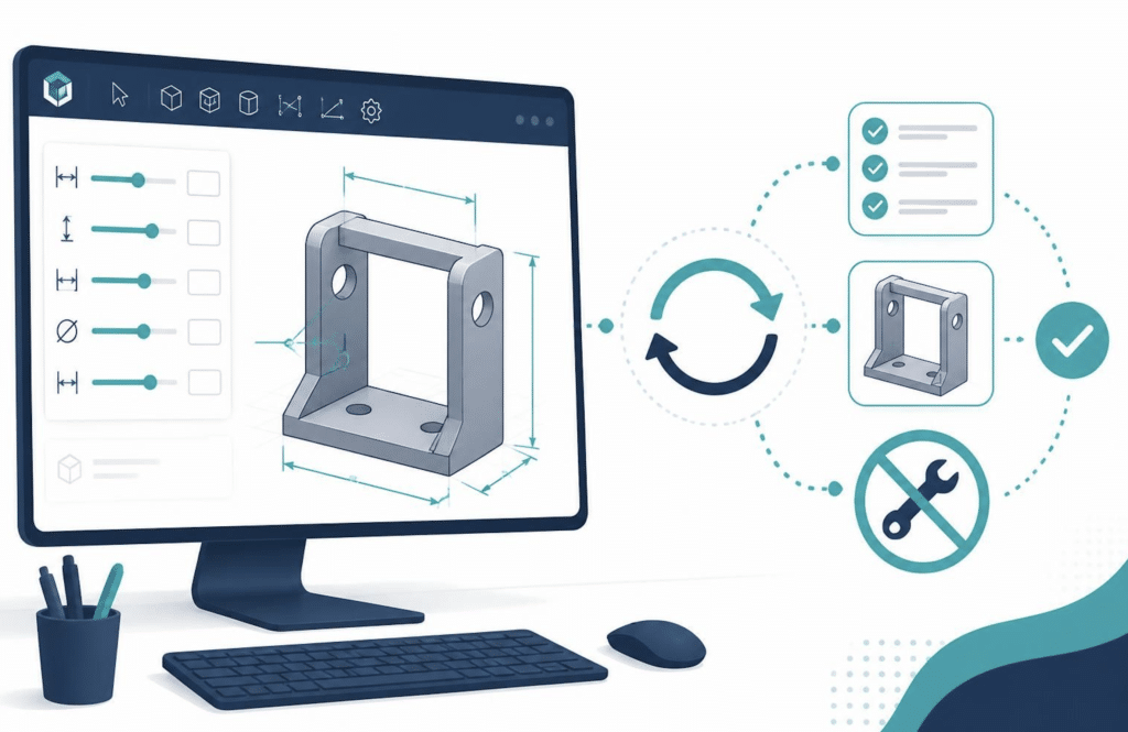 Engineer reviewing a parametric CAD model with key dimensions displayed