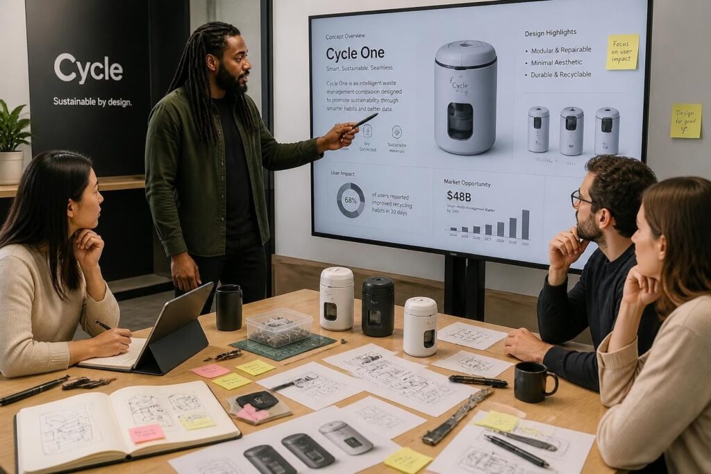 Team presenting an innovative product design concept