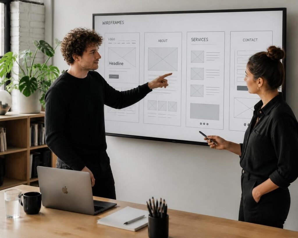 Client and designer reviewing design wireframes