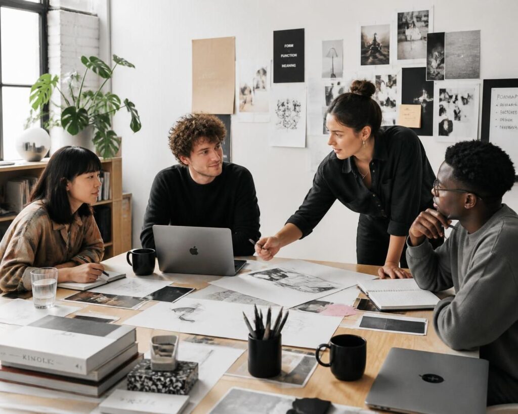 Design team discussing project ideas in a studio