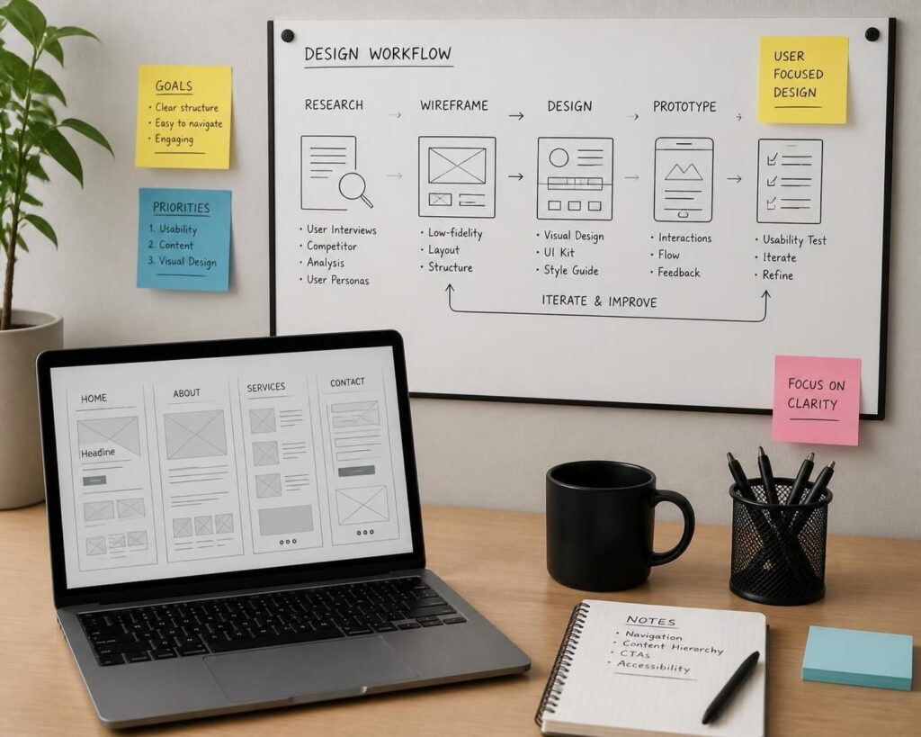 Design workflow board with notes and diagrams