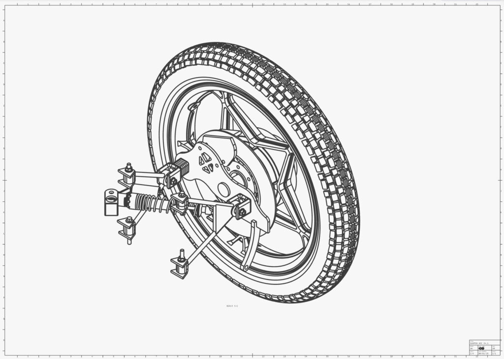 Isometric CAD drawing of a suspension system mounted to a tire and wheel assembly.