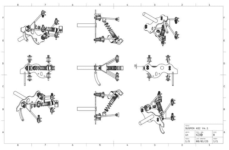 Orthographic CAD drawing with multiple views of a vehicle suspension component.