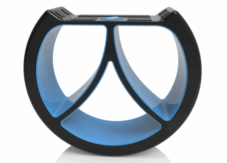 Front view of a blue and black yoga wheel designed through professional product development services in California.
