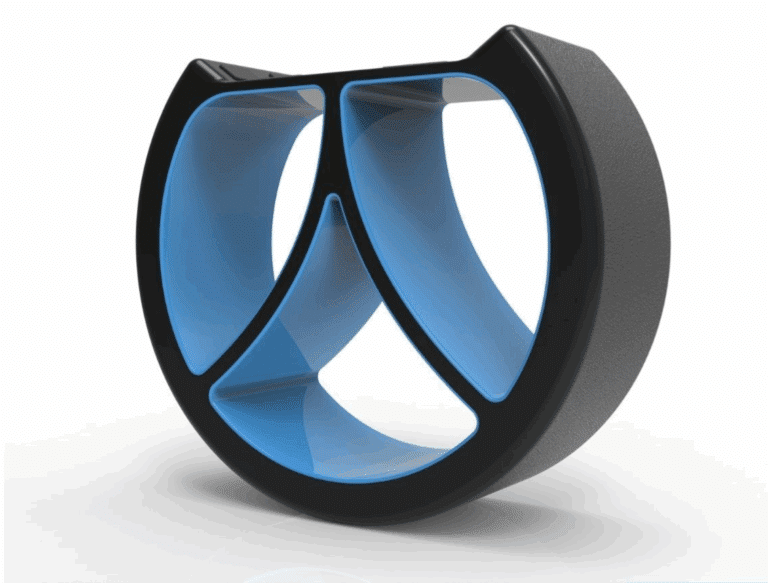 Front ISO view of a blue and black yoga wheel designed through expert product development services in Chicago.