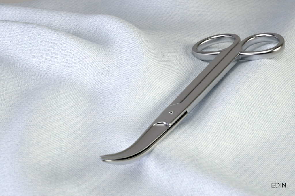 Professional 3D rendering services example: Surgical scissors featuring razor-sharp blades, textured handles, and realistic metal reflections in studio light.