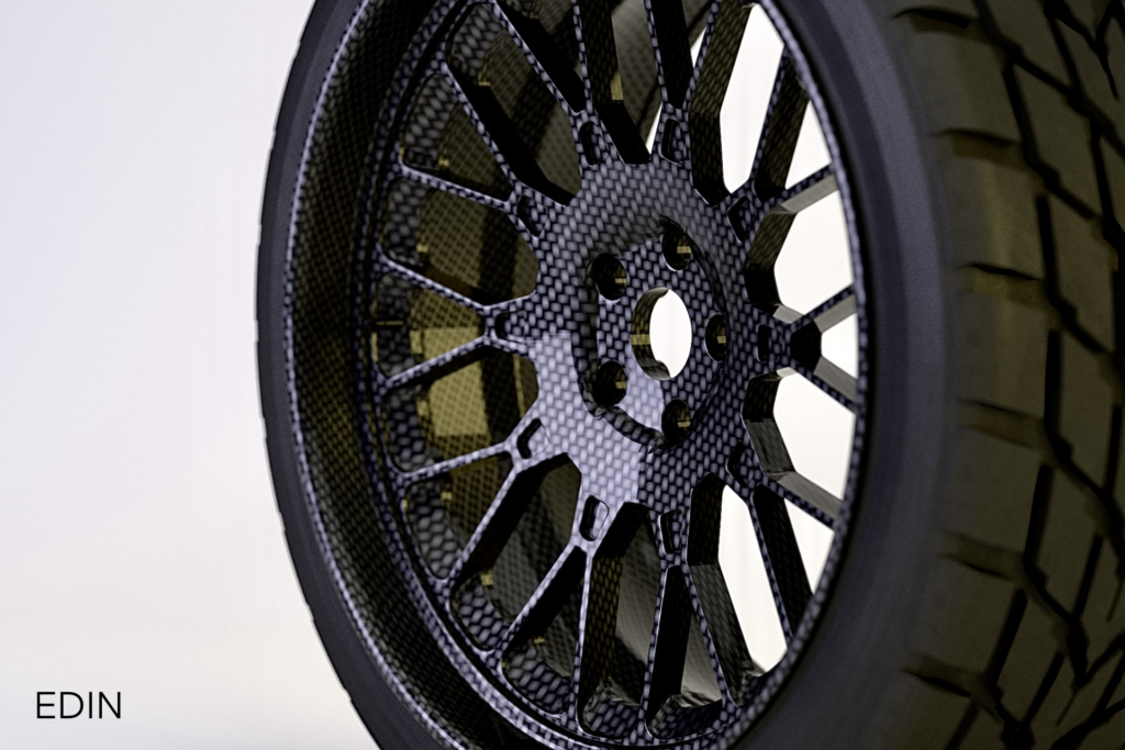 Photorealistic 3D rendering services showcase of car tire with detailed tread pattern, rubber texture, sidewall branding, and studio lighting on reflective surface.