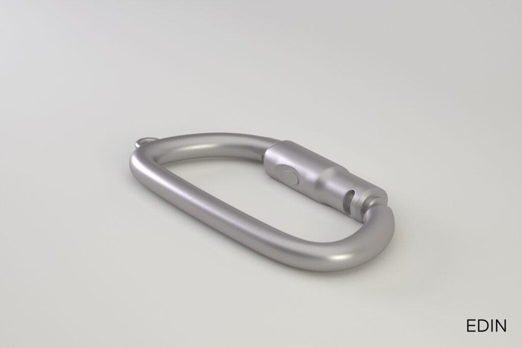 Detailed 3D rendering services demonstration: Aluminum clip with brushed metal finish, spring tension mechanism, and precise edge geometry under soft lighting.