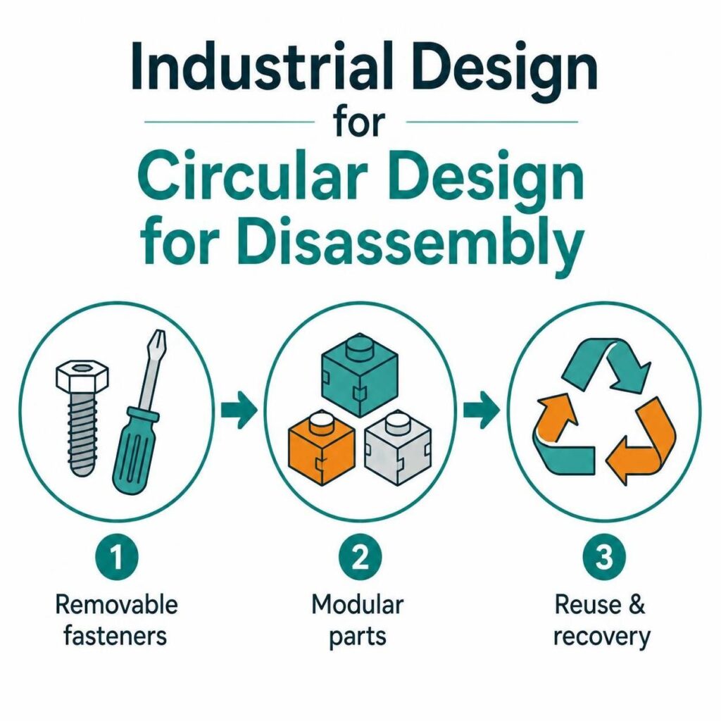 Transactional infographic showing industrial design for circular design for disassembly with removable fasteners.