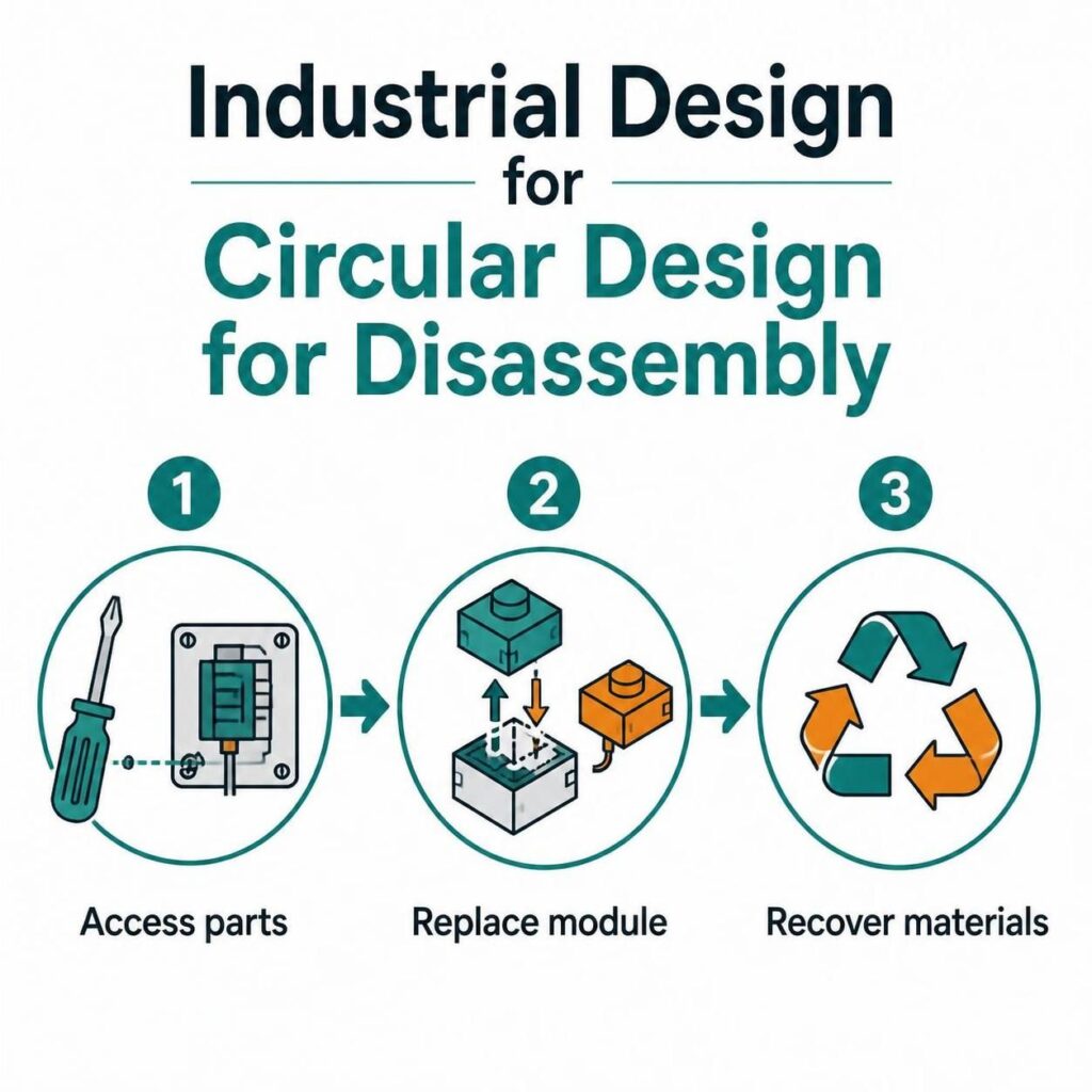 Transactional infographic showing industrial design for circular design for disassembly with modular parts.