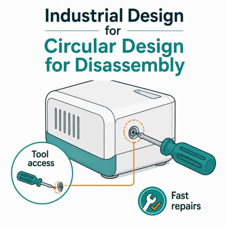 Transactional infographic demonstrating industrial design for circular design for disassembly with tool access and fast repairs.