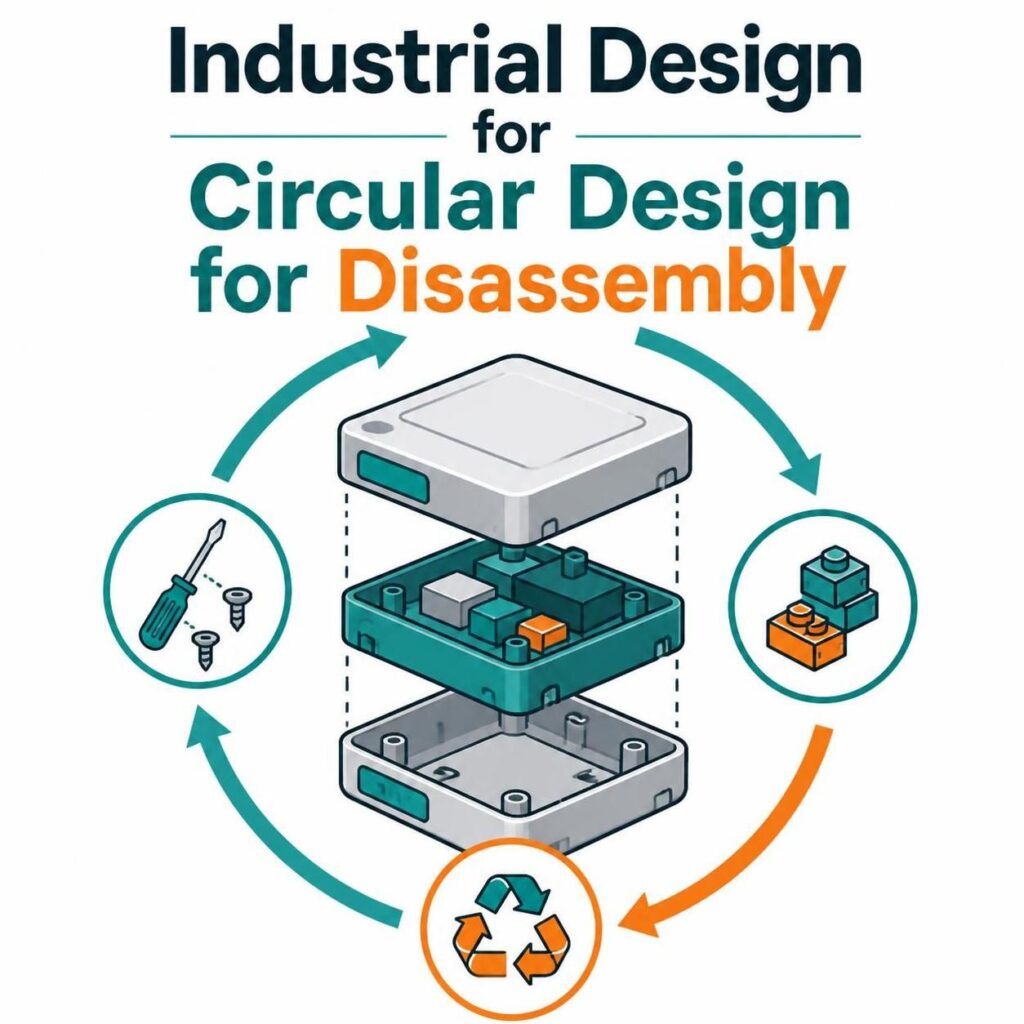 Industrial Design for Circular Design for Disassembly diagram showing a device being taken apart into reusable components through a circular process.