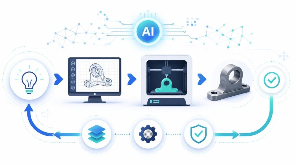 AI-enhanced prototyping diagram showing idea-to-CAD-to-3D-print iteration loop for faster physical product development.