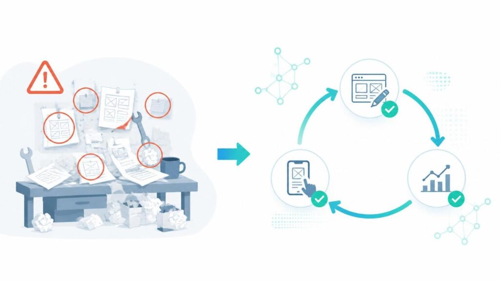 AI-enhanced prototyping illustration comparing messy rework to a clean iteration loop with green checkmarks.