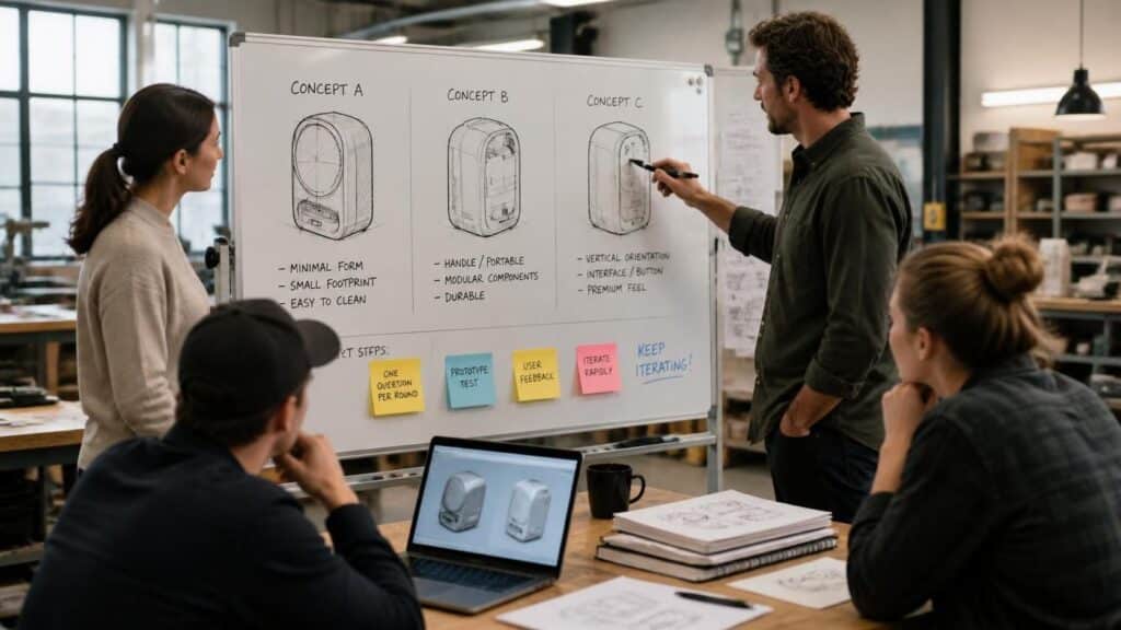 Team sketching product concepts before starting the next prototype round for faster physical product prototyping workflow