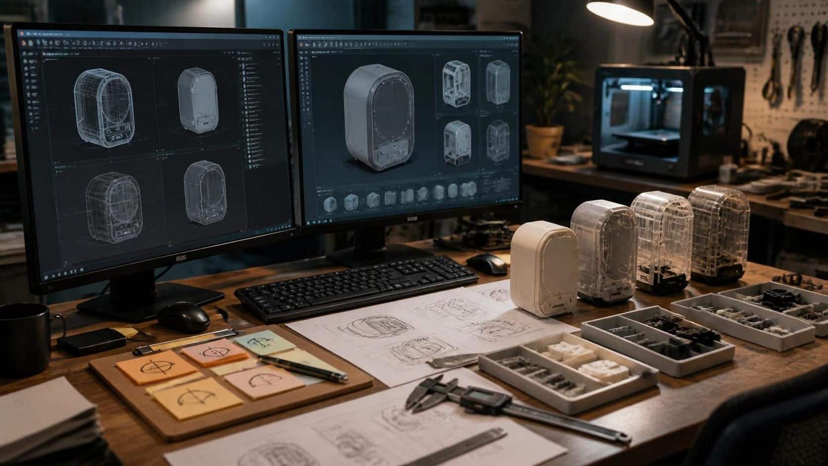 3D printed prototype parts and CAD files on a desk for a faster physical product prototyping workflow